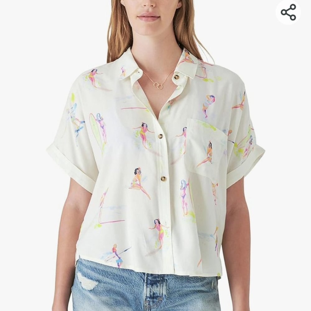 Lucky Brand Shirt Hawaiian Surfer Girl Print Relaxed Short Sleeve Women's Size S